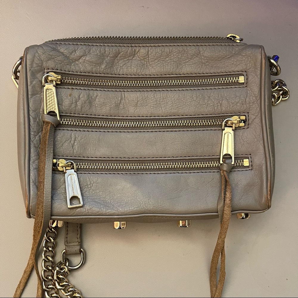 REBECCA MINKOFF 5 Zip Mini Moto Convertible Bag Light Grey Leather